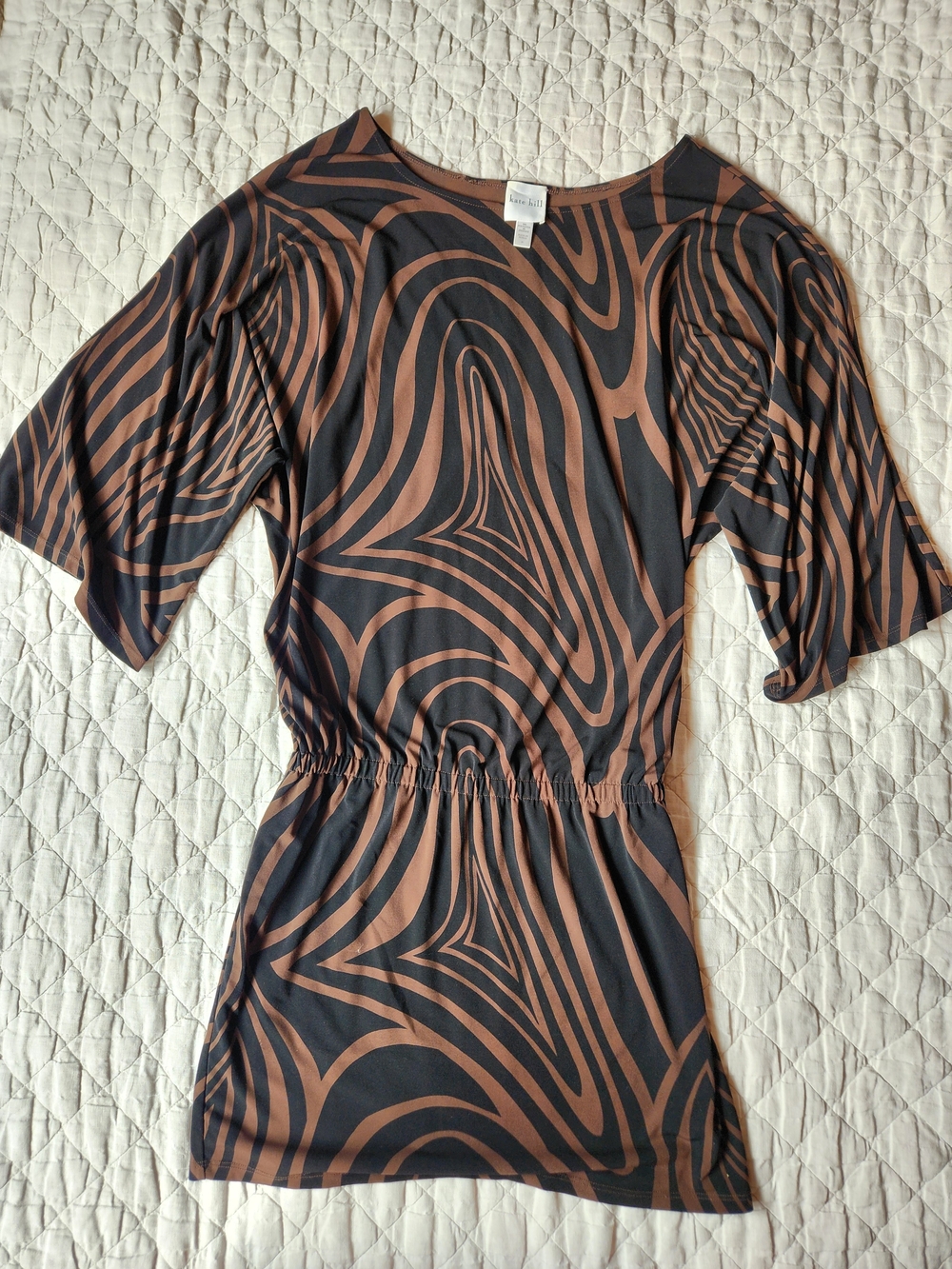 Kate Hill Brown and Black Abstract Pull-On Top Dolman Sleeve Mini Dress